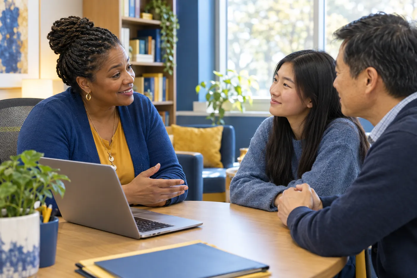 A school counselor meeting with a parent and his teenage daughter